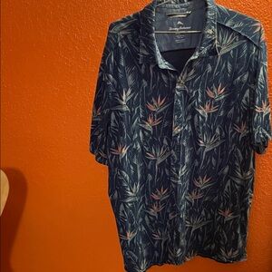 Tommy Bahama Navy and Coral Leaf Print Shirt